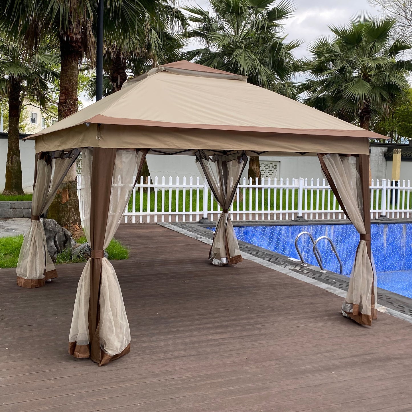 9.8' x 9.8' Gazebos and Canopies, Outdoor Canopy with Mosquito Netting, Brown Pergola Patio Furniture Gazebo for Yard Porch Deck