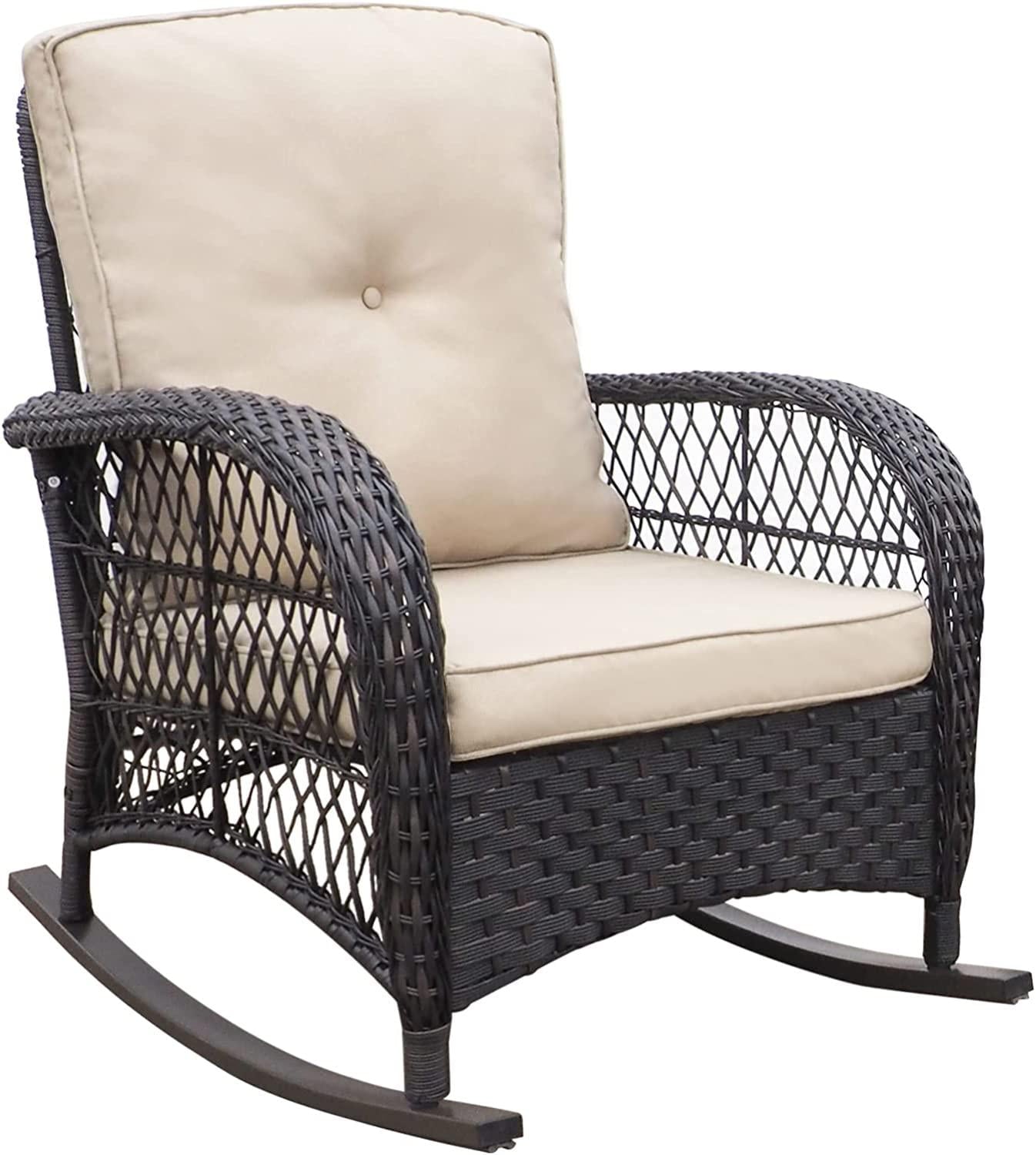 3 Piece Patio Rocking Chair Set, Outdoor Rattan Rocking Bistro Furniture Set with 2 Cushions and Side Table, Patio Conversation Chairs Set for Garden, Porch, Backyard