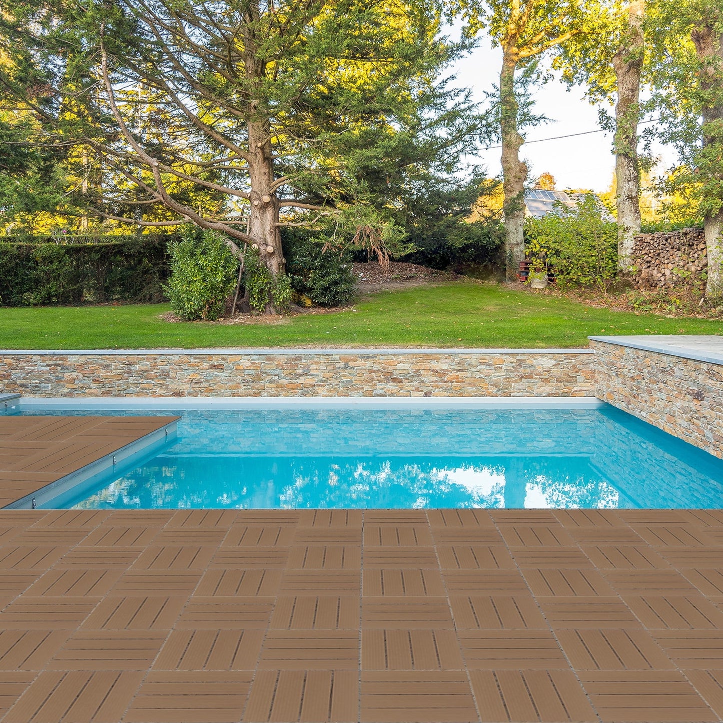 12"x12" Interlocking Deck Tiles, 27Pcs Square Plastic Outdoor Flooring for Backyard Garden Deck Poolside, All-Weather & Waterproof Patio Flooring, Straight-Dark Brown