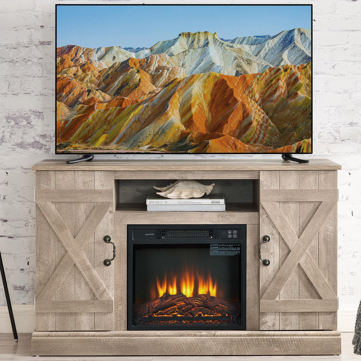 58" Electric Fireplace Heater TV Stand for 65" TVs, Wood Fake Fireplace Heater, Brown Electric Fireplace Entertainment Center with Doors and Adjustable Shelf