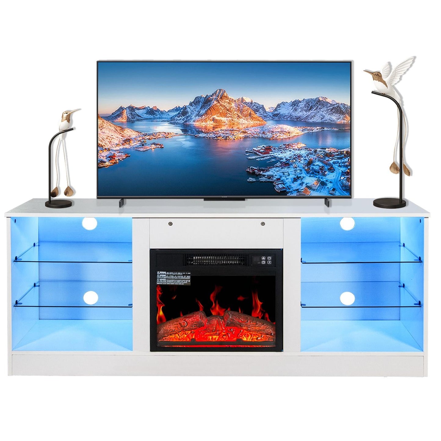 Gray Electric Fireplace Heater TV Stand for TVs Up to 70", 60 Inch TV Cabinet, Rustic Wood Fake Fireplace Entertainment Center for Living Room Bedroom