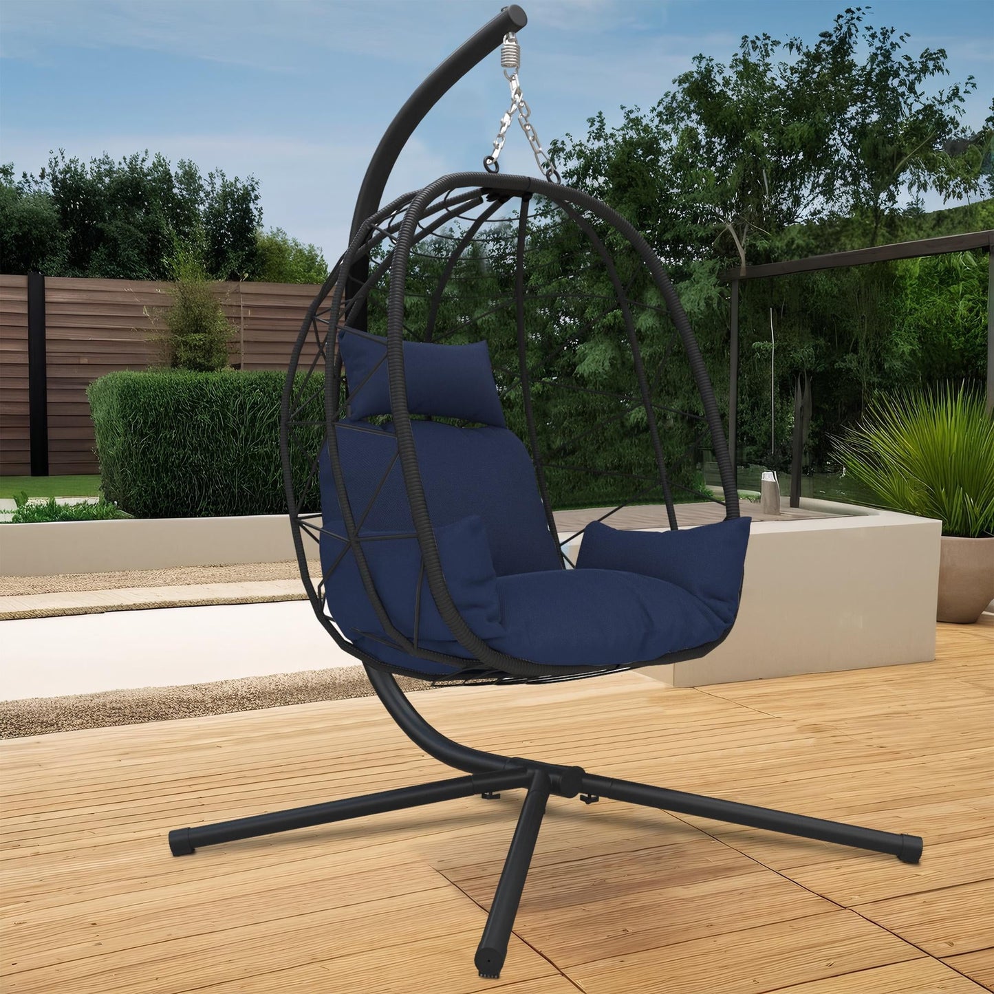 Outdoor Egg Chair, Patio Wicker Swing Egg Chair with Stand, Steel Frame Hanging Chair with Soft Cushion and Pillow for Bedroom Patio Balcony