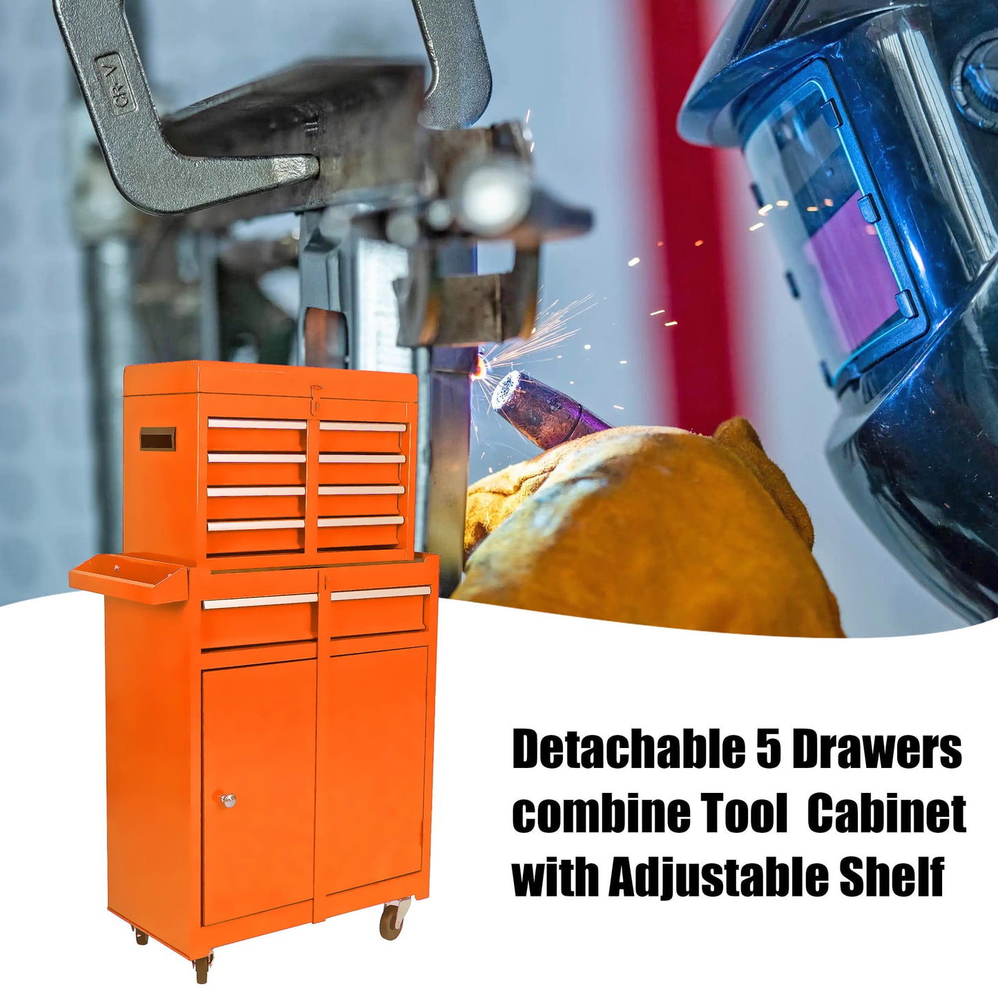 Rolling Tool Chest and Cabinet, Stainless Steel Tool Box with Brake Wheels and 5 Drawers, Orange Detachable Tool Cart, 18.5"L x 11"W x 37.2"H