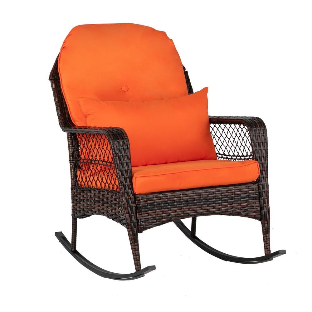 3 Piece Patio Rocking Chair Set, Outdoor Rattan Rocking Bistro Furniture Set with 2 Cushions and Side Table, Patio Conversation Chairs Set for Garden, Porch, Backyard