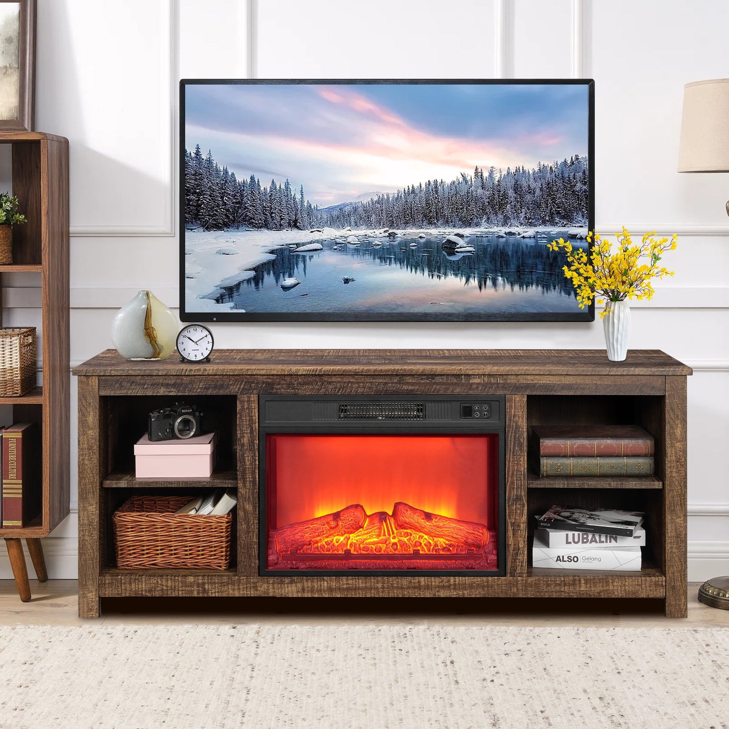 58" Electric Fireplace Heater TV Stand for 65" TVs, Wood Fake Fireplace Heater, Brown Electric Fireplace Entertainment Center with Doors and Adjustable Shelf