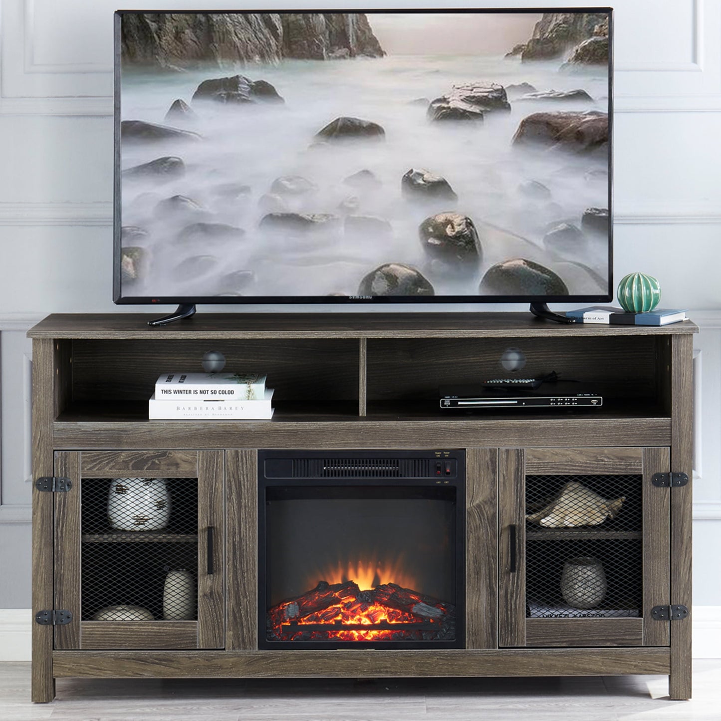 58" Electric Fireplace Heater TV Stand for 65" TVs, Wood Fake Fireplace Heater, Brown Electric Fireplace Entertainment Center with Doors and Adjustable Shelf