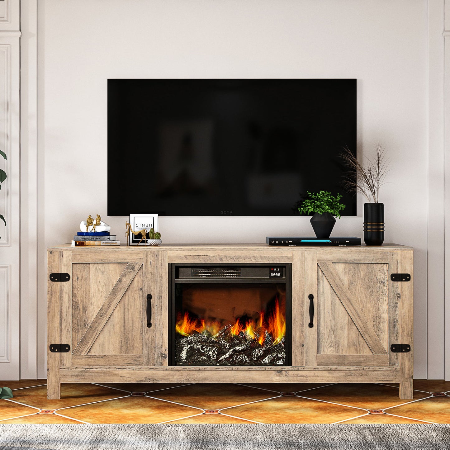 58" Electric Fireplace Heater TV Stand for 65" TVs, Wood Fake Fireplace Heater, Brown Electric Fireplace Entertainment Center with Doors and Adjustable Shelf