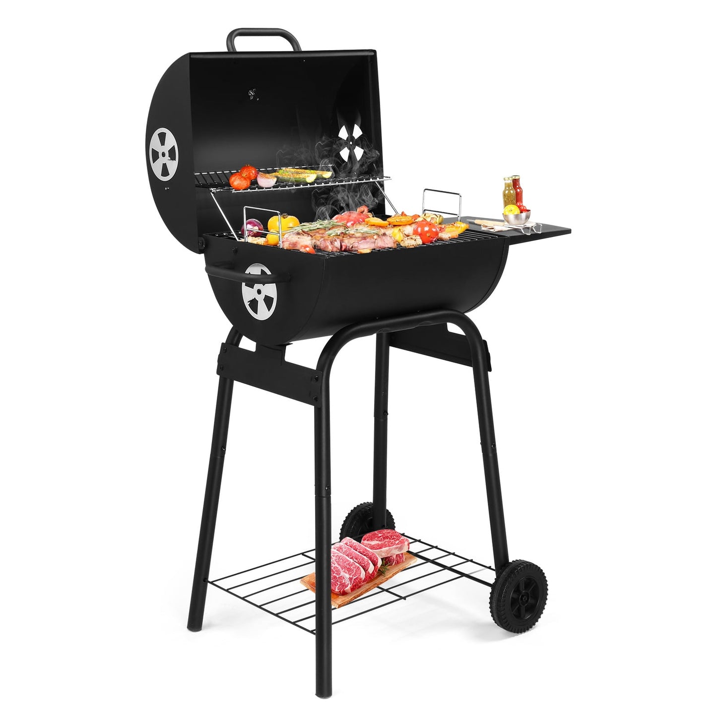 Charcoal Grill Barbeque Grill with Side Table, Outdoor Portable BBQ Grill with Adjustable Damper and Thermometer, Barrel Charcoal Grill for Outdoor Cooking Backyard Camping Picnics