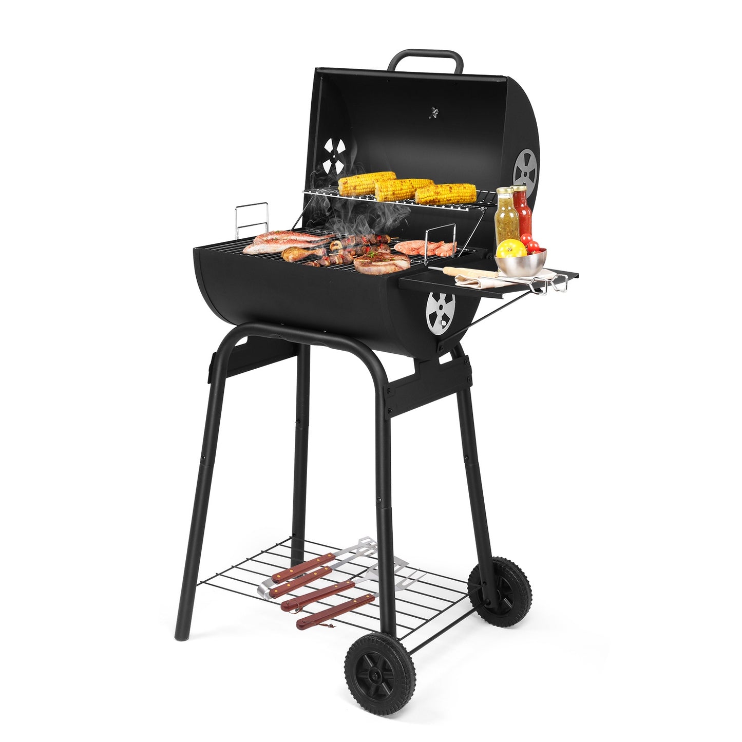 Charcoal Grill Barbeque Grill with Side Table, Outdoor Portable BBQ Grill with Adjustable Damper and Thermometer, Barrel Charcoal Grill for Outdoor Cooking Backyard Camping Picnics