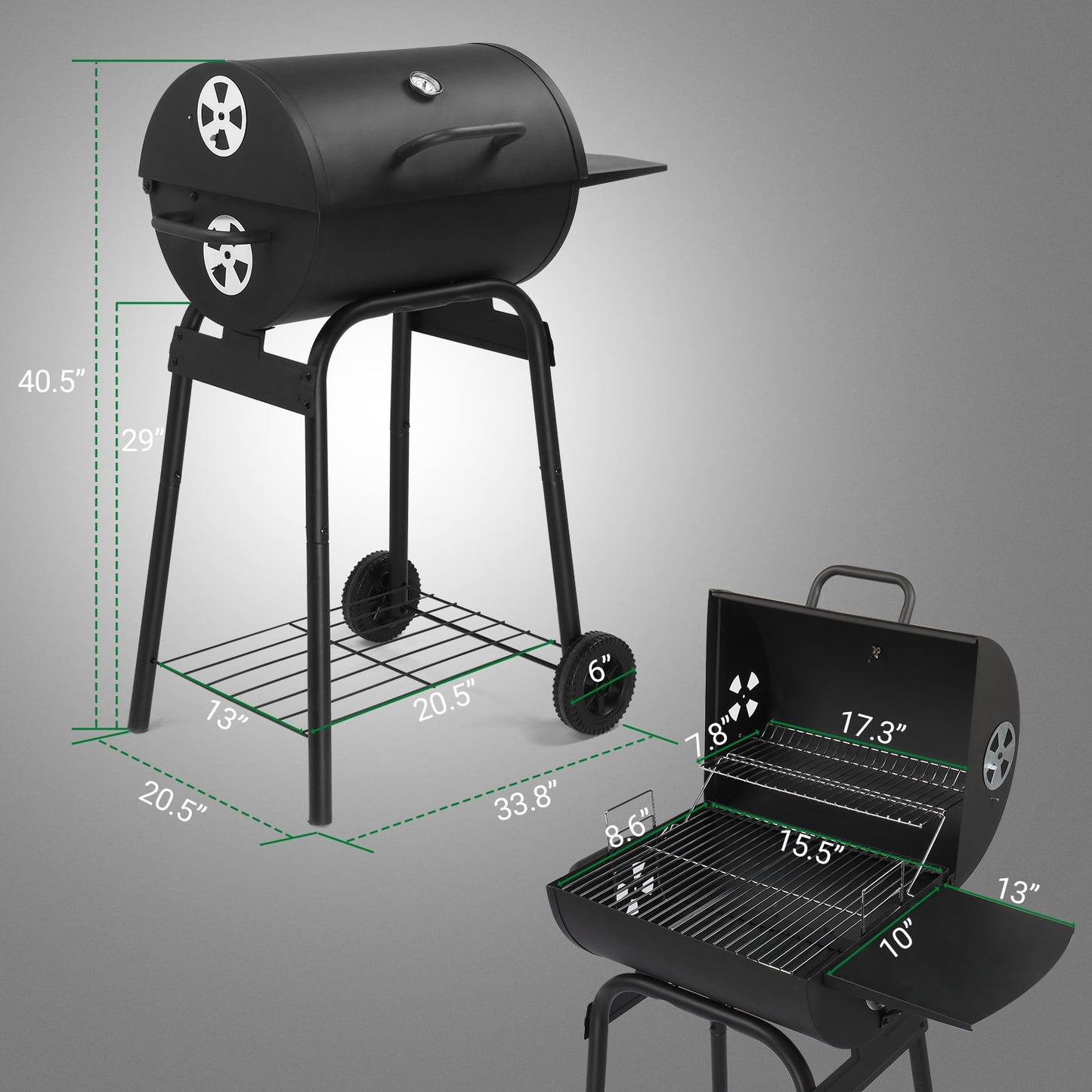 Charcoal Grill Barbeque Grill with Side Table, Outdoor Portable BBQ Grill with Adjustable Damper and Thermometer, Barrel Charcoal Grill for Outdoor Cooking Backyard Camping Picnics