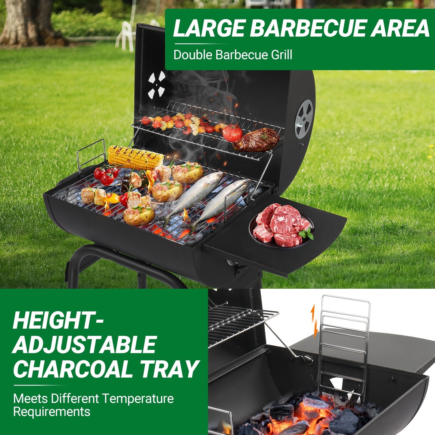 Charcoal Grill Barbeque Grill with Side Table, Outdoor Portable BBQ Grill with Adjustable Damper and Thermometer, Barrel Charcoal Grill for Outdoor Cooking Backyard Camping Picnics