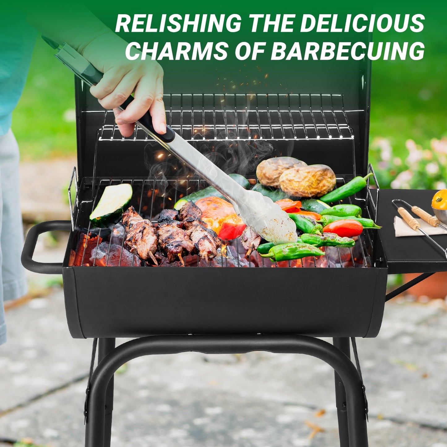 Charcoal Grill Barbeque Grill with Side Table, Outdoor Portable BBQ Grill with Adjustable Damper and Thermometer, Barrel Charcoal Grill for Outdoor Cooking Backyard Camping Picnics