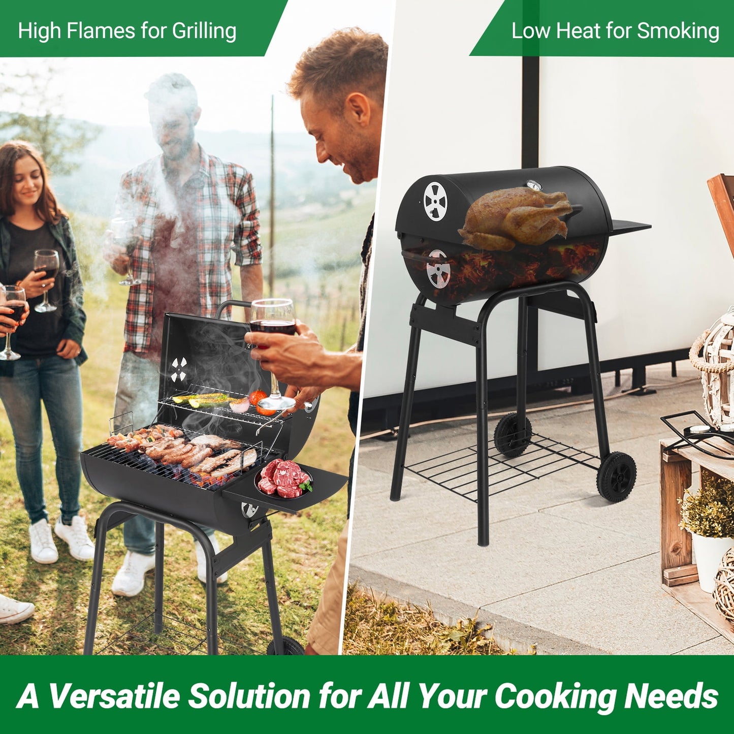 Charcoal Grill Barbeque Grill with Side Table, Outdoor Portable BBQ Grill with Adjustable Damper and Thermometer, Barrel Charcoal Grill for Outdoor Cooking Backyard Camping Picnics