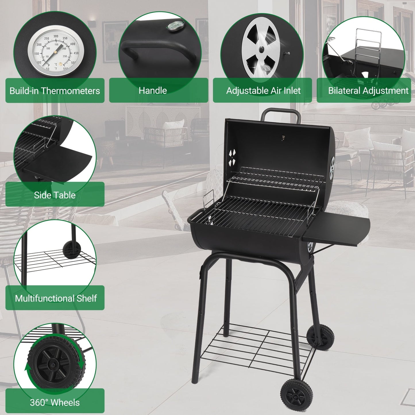 Charcoal Grill Barbeque Grill with Side Table, Outdoor Portable BBQ Grill with Adjustable Damper and Thermometer, Barrel Charcoal Grill for Outdoor Cooking Backyard Camping Picnics