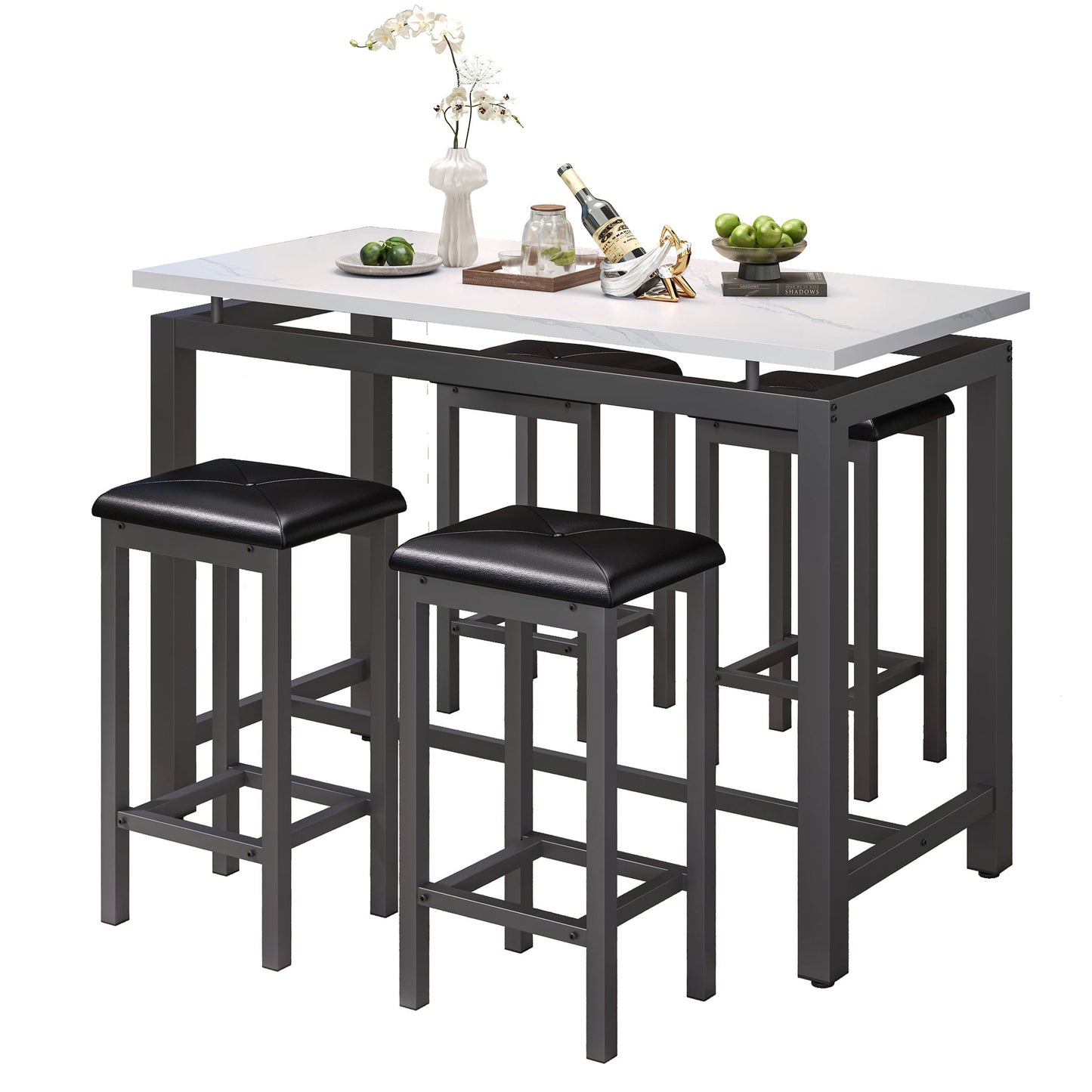 5 Piece Dining Table Set, Counter Height Table Set with 4 Padded Stools, Multipurpose Bistro Table Set for Dining Room, Living Room, Breakfast Nook, Black