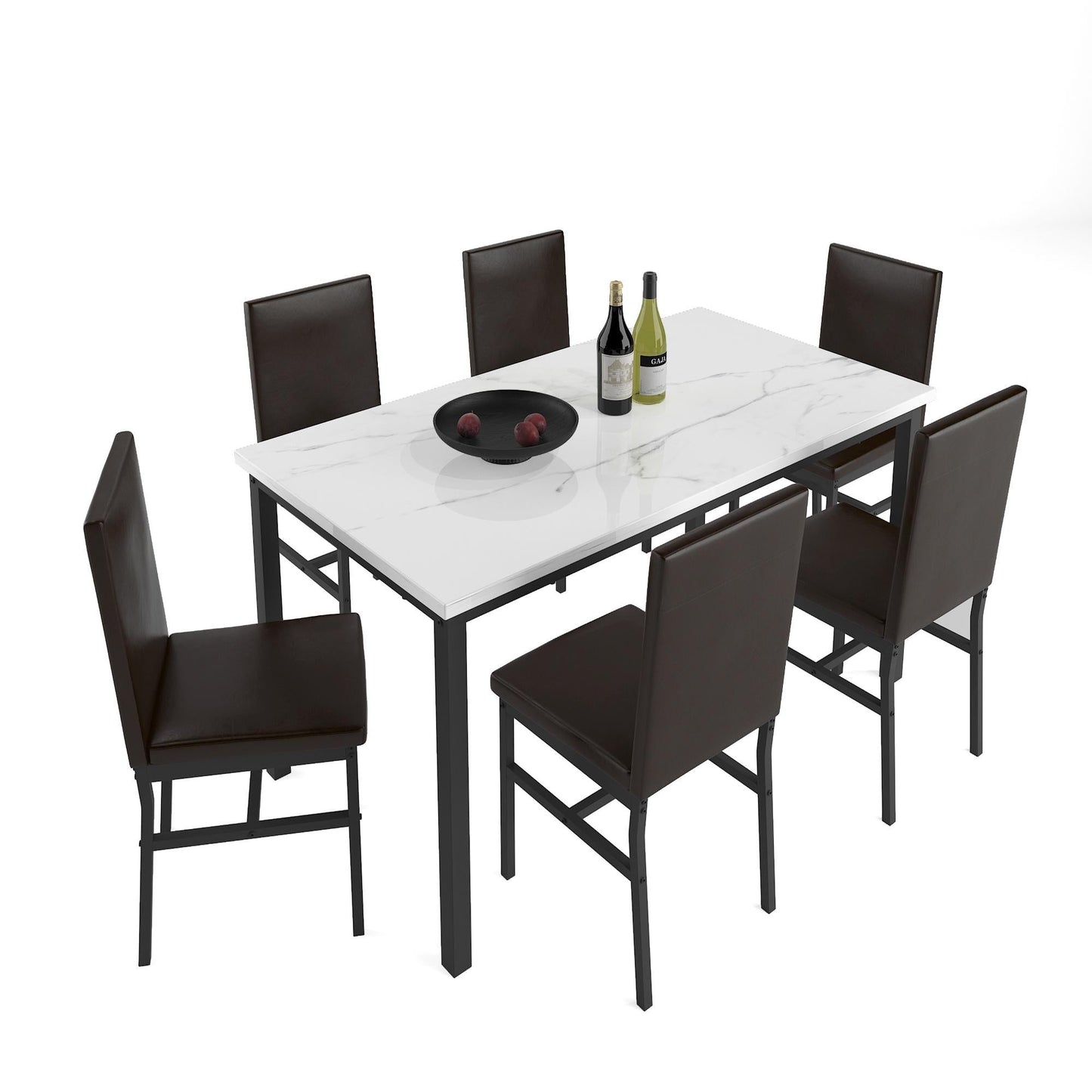 Dining Room Table Set for 6, Wooden Kitchen Table and Chairs Set, Including 6 Upholstered Chairs, MDF Tabletop Rectangular Table, Traditional Rustic, Black