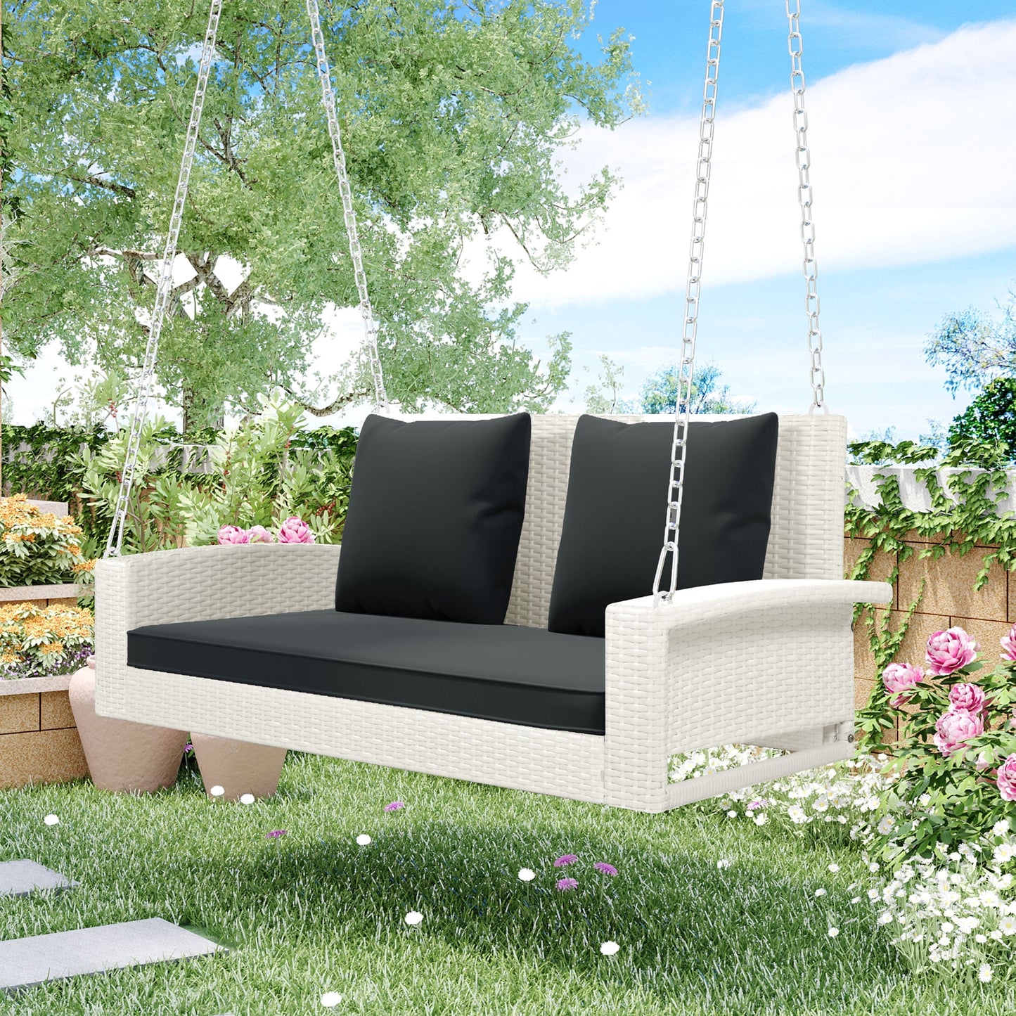 2 Person Hanging Porch Swing, Brown Wicker Outdoor Swing Chair and Removable Cushion, Patio Swing Glider for Garden, Poolside, Balcony