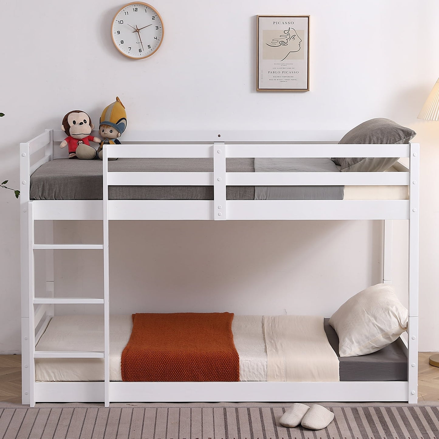 Floor Bunk Bed for Kid, Wood Bunk Beds with Ladder and Full Guardrail for Boys Girls Toddlers, White Twin Over Twin Bunk Bed, Kids Floor Bunk Bed for Home Children’s Room, Easy to Assemble