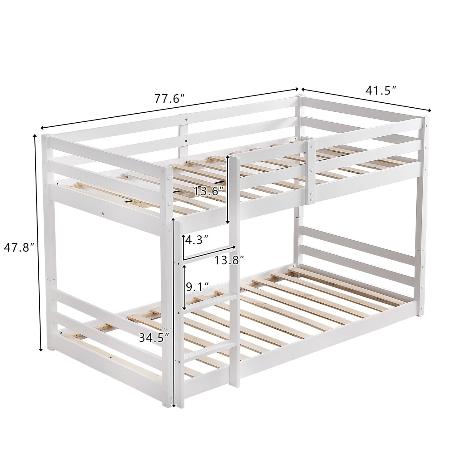 Floor Bunk Bed for Kid, Wood Bunk Beds with Ladder and Full Guardrail for Boys Girls Toddlers, White Twin Over Twin Bunk Bed, Kids Floor Bunk Bed for Home Children’s Room, Easy to Assemble