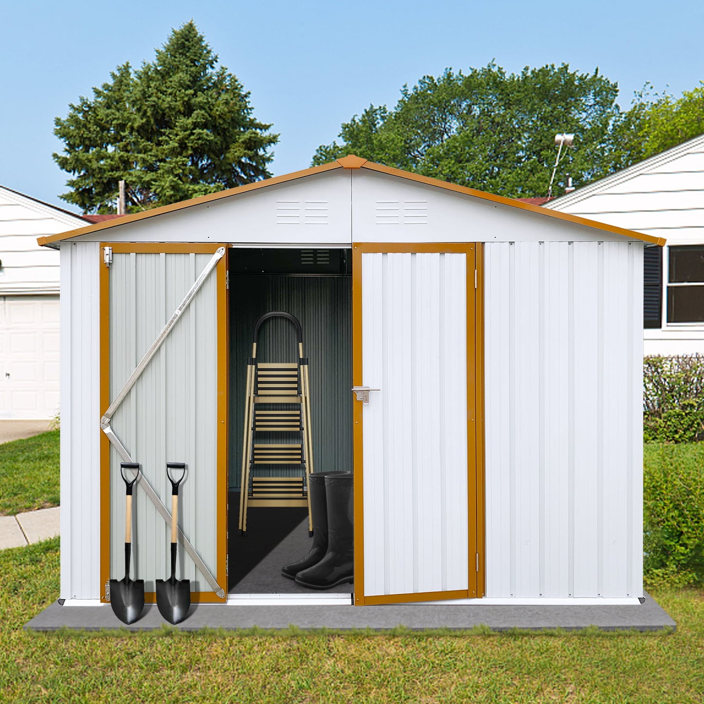 Outdoor Shed with Lockable Door Large Outdoor Storage Cabinet, White Metal Shed for Garden Backyard, 8' x 6'