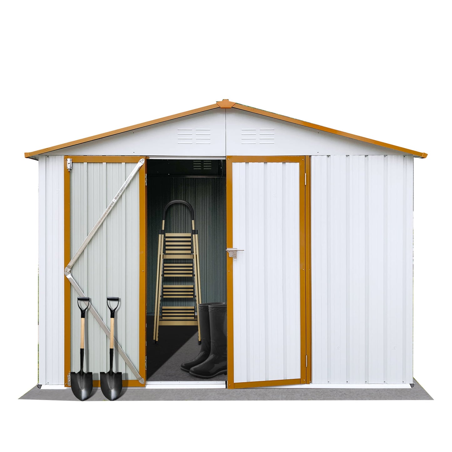 Outdoor Shed with Lockable Door Large Outdoor Storage Cabinet, White Metal Shed for Garden Backyard, 8' x 6'