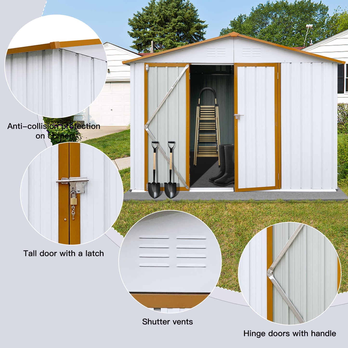 Outdoor Shed with Lockable Door Large Outdoor Storage Cabinet, White Metal Shed for Garden Backyard, 8' x 6'