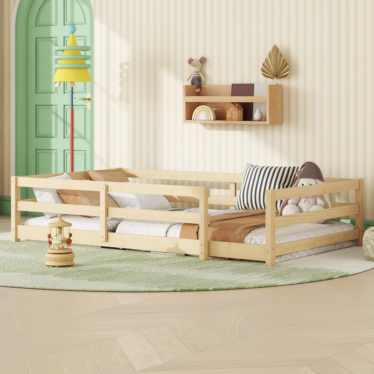 Twin Size Floor Bed, Wood Montessori Floor Bed with Fence and Guardrails, Toddler Bed Frame for Kids, Boys, Girls, No Box Spring Needed, White