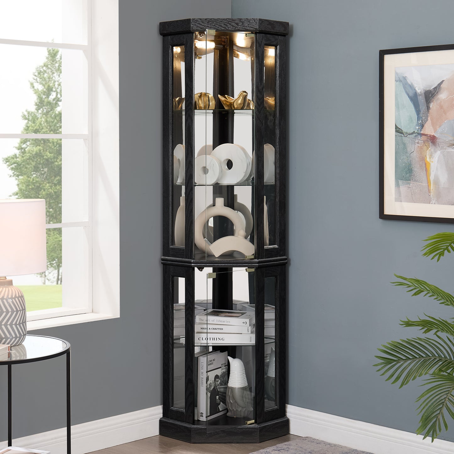 SESSLIFE 70" Lighted Corner Curio Cabinet with Mirrored Back, 5 Tempered Glass Shelves Adjustable, Anti-Tip Device Tall Glass Display Cabinet for Collectibles, Easy Assembly, Black