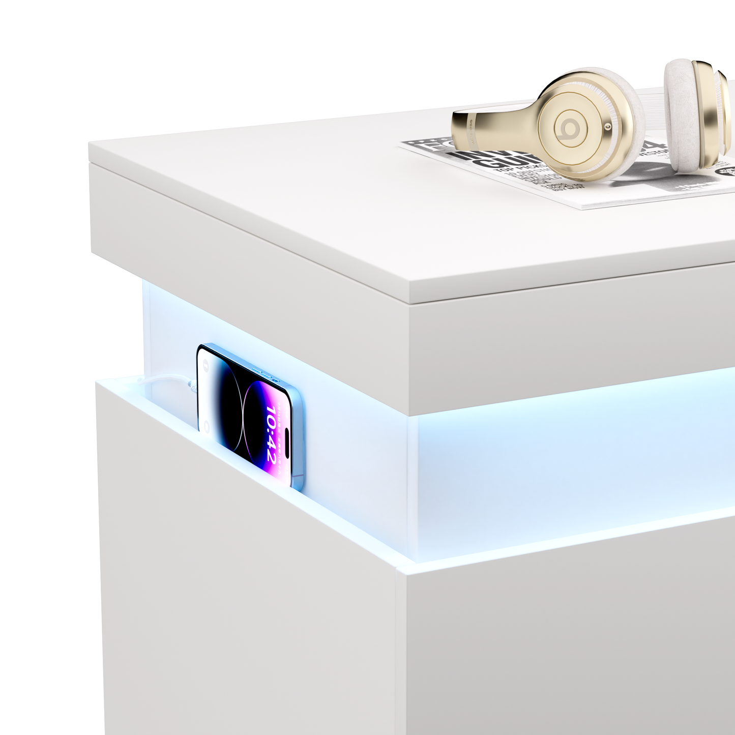 SESSLIFE Modern LED Nightstand with App and Remote Control, RGB LED Night Stand with Hidden Charging Station, Sliding Top and Drawers for Bedroom, White