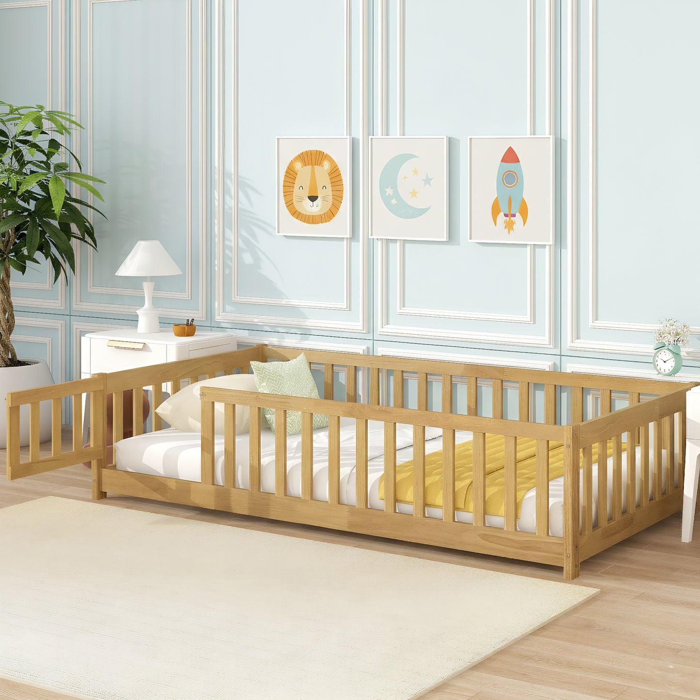 Sesslife Twin Size Floor Bed with Door and Fence, Wood Floor Platform Bed with Slats, Toddler Bed for Kids Boys Girls, Montessori Bed, No Box Spring Needed, Grey