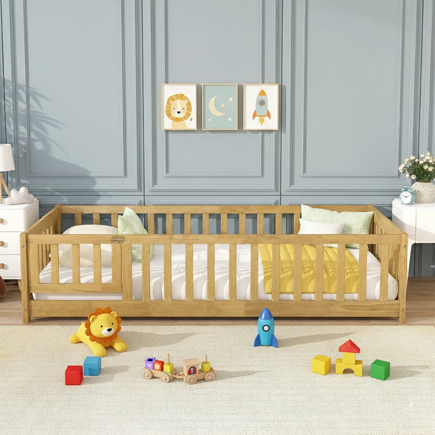 Sesslife Twin Size Floor Bed with Door and Fence, Wood Floor Platform Bed with Slats, Toddler Bed for Kids Boys Girls, Montessori Bed, No Box Spring Needed, Grey