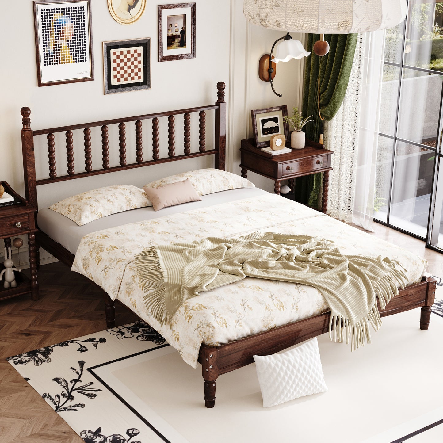 Platform Bed Frame, Wood Queen Bed Frame with Gourd Shaped Headboard for Bedroom, Modern Queen Size Bed with Wood Slat Support, Holds 500 lb, No Box Spring Needed, White