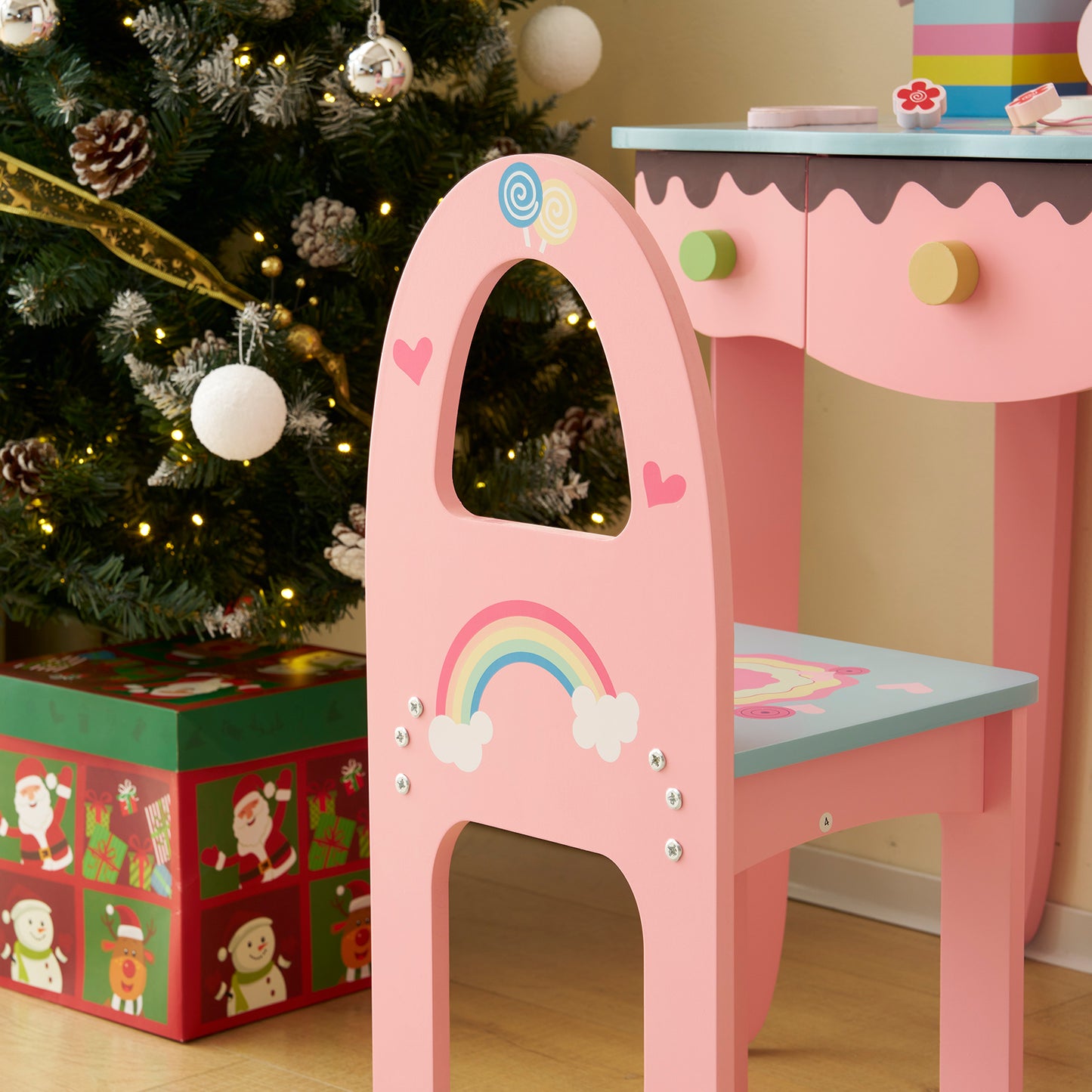SESSLIFE Princess Vanity Table Set with Mirror and Chair, Pink Dressing Table with 3 Drawers Storage, Pretend Play Makeup Vanity Table for Bedroom or Playroom