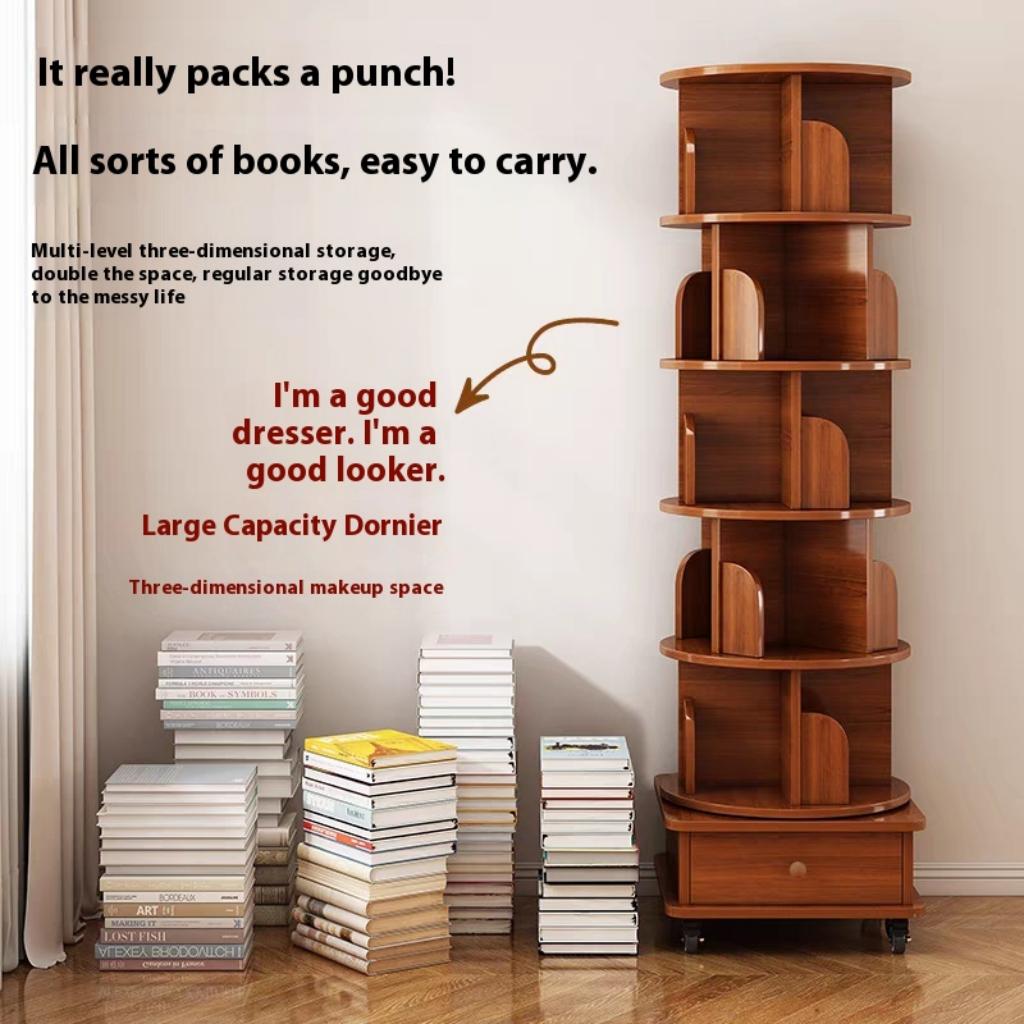 SESSLIFE 6 Tier Rotating Bookshelf, 360° Spinning Corner Bookcase for Small Space, Tall Narrow Wood Book Storage with Wheels, Space Saving Organizer for Living Room, Walnut