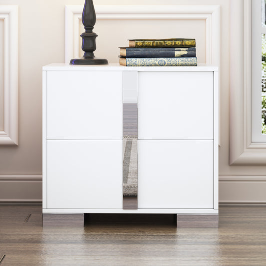 Nightstand, Wood Side Table with Metal Handle, Modern Mirrored Beside Table with 2 Drawers for Bedroom, Living Room, White