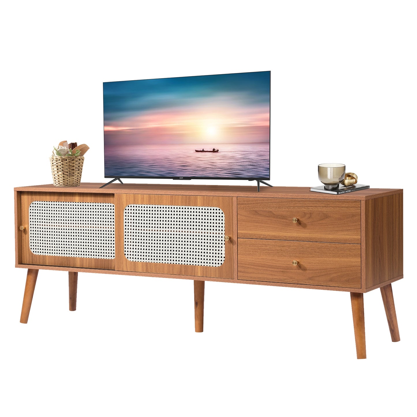 Rattan TV Stand for 65" inch TV, Mid-Century Modern Entertainment Center TV Table with 2-Drawers, 2-Storage Shelves, Rattan Sliding Doors, Rattan TV Cobinet for Living Room & Bedroom, Walnut