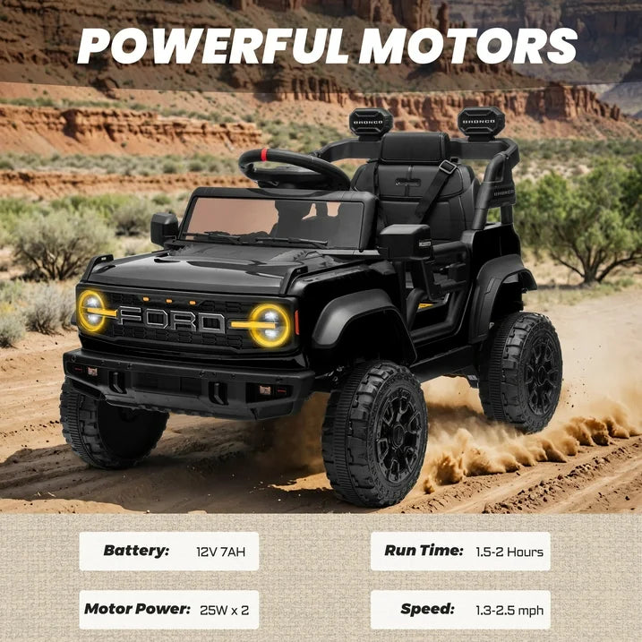Ford Bronco Raptor Powered Ride on Truck, 12V Powered Kids Ride on Toy Cars with Remote Control, Bluetooth, LED, MP3, Safety Belt, 4 Wheelers, Electric Car for Kids Girls 3-5 Gift, Black