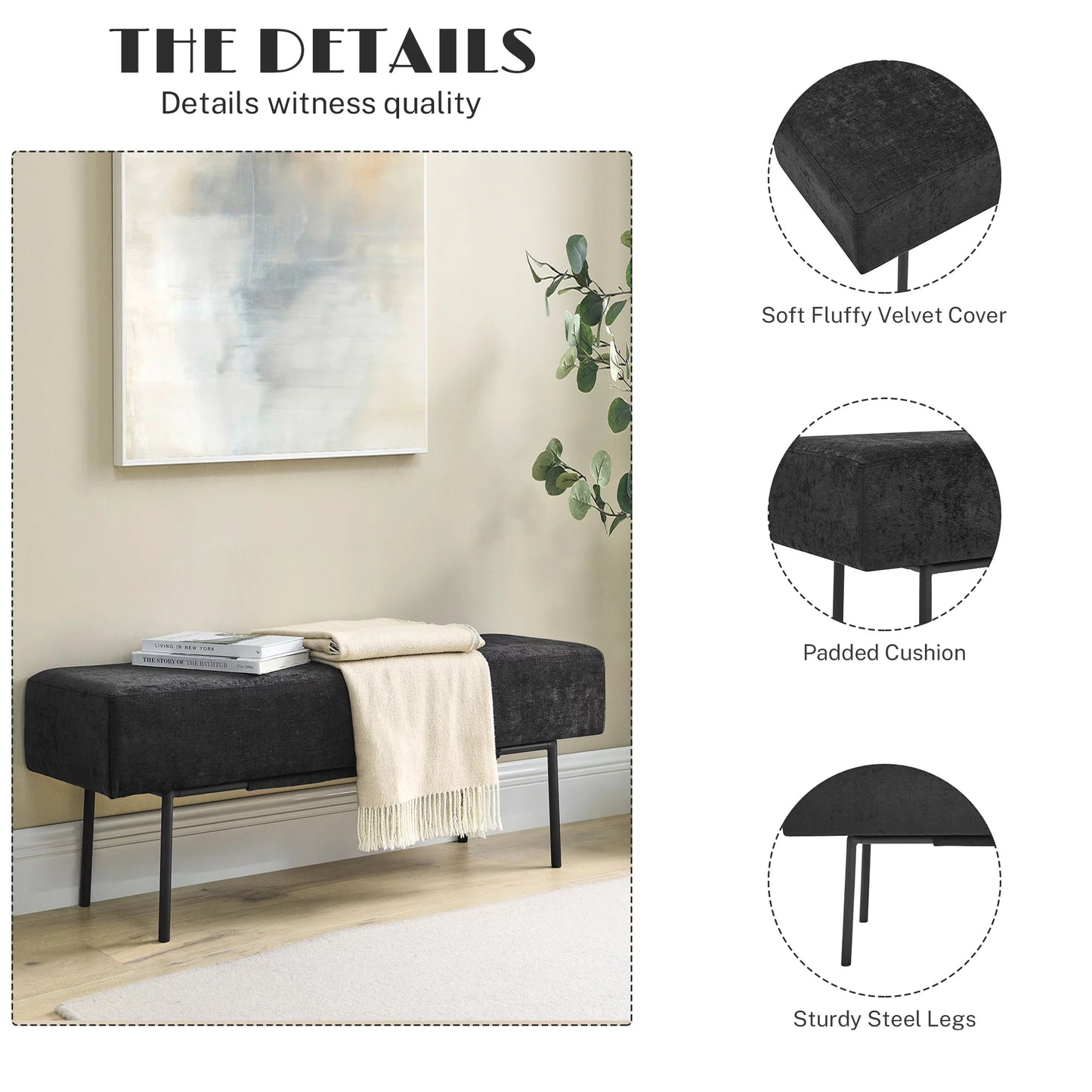 Sesslife Modern Velvet Bench Ottoman, Upholstered Bench for Entryway Bedroom, 45" Long End of Bed Bench, Bedroom Furniture, Black