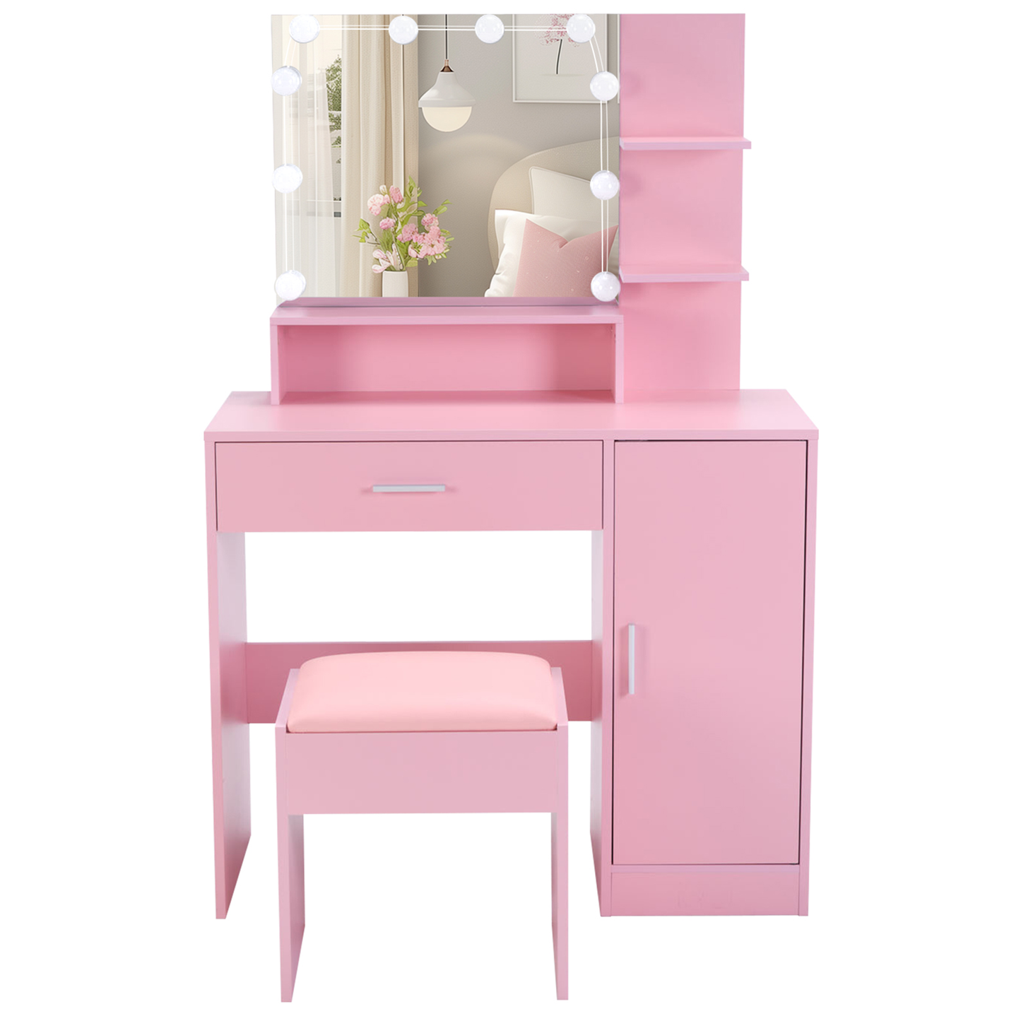 Sesslife Makeup Vanity Set with Bulbs Mirror, Dressing Table with Large Drawer, Vanity Table for Girls, Women, Pink