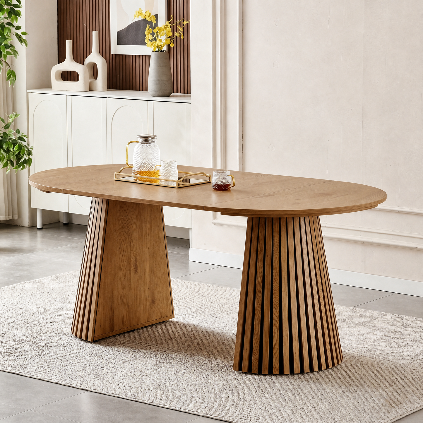 SESSLIFE Extendable Dining Table for 4-8, Oval Kitchen Table with Extension Leaves, Slatted Pedestal Base, Space-Saving Dining Room and Home Office Table, Natural