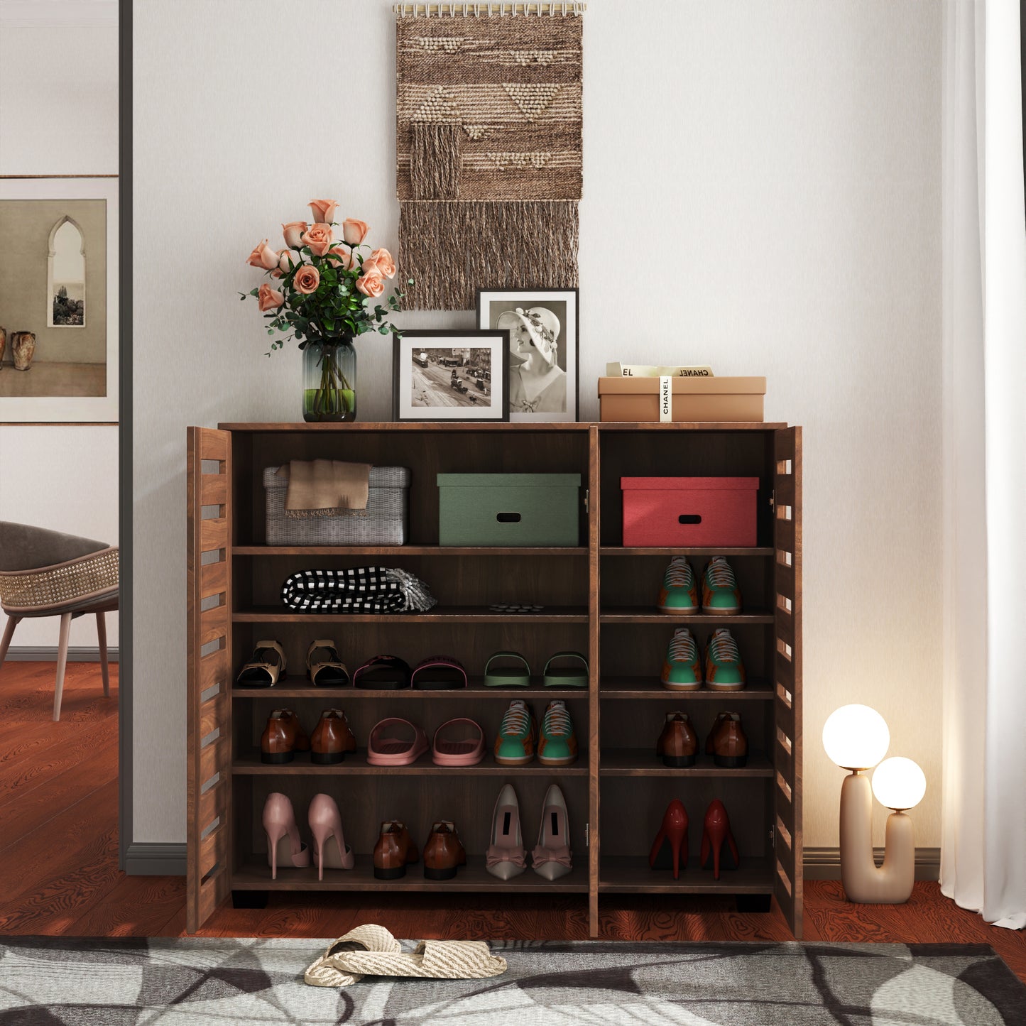 SESSLIFE Entryway Shoe Cabinet with Adjustable Shelves, 5-Tier Wooden Shoe Rack Organizer with Louvered Doors for Hallway Bedroom Closet, Walnut