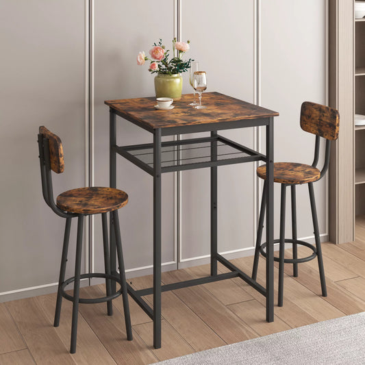 Sesslife 3-Piece Modern Dining Set for Home, Kitchen, Dining Room with Storage Backrest, Square Table with 2 Chairs, Steel Frame, Brown Color