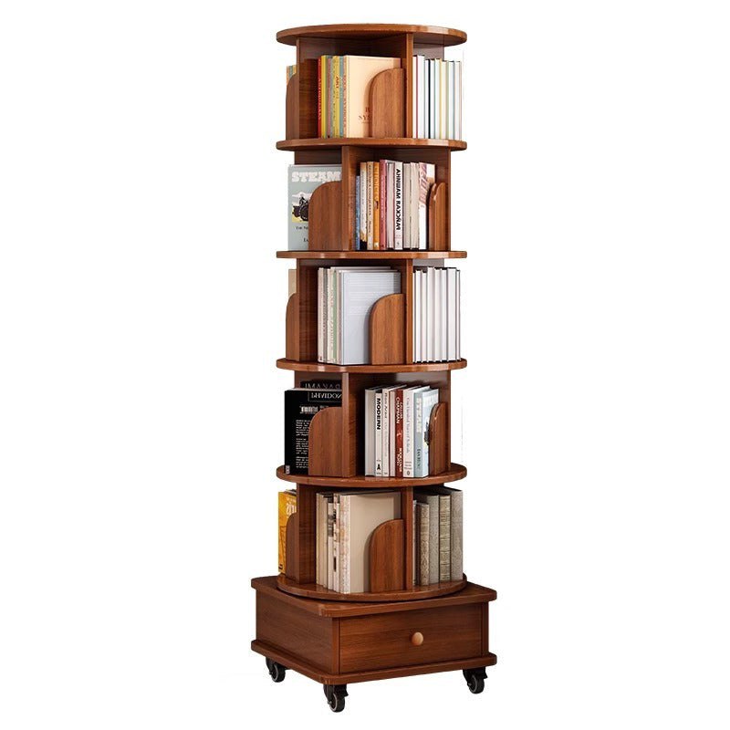 SESSLIFE 6 Tier Rotating Bookshelf, 360° Spinning Corner Bookcase for Small Space, Tall Narrow Wood Book Storage with Wheels, Space Saving Organizer for Living Room, Walnut