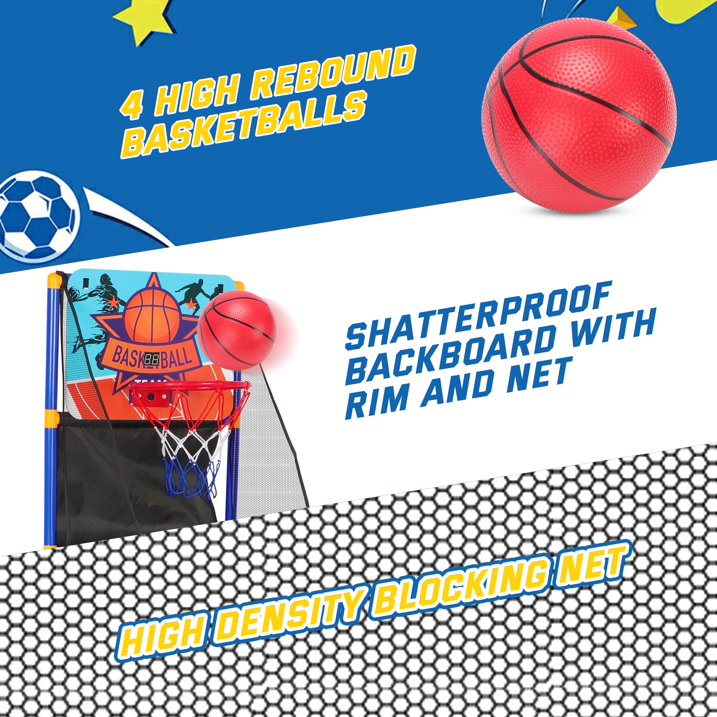 3 in 1 Kids Arcade Basketball Game & Hockey & Soccer, With 4 Basketball Balls, Football, Hockey, Hockey Stick, Pump, Electronic Scoreboard Sound for Toddlers, Basketball Goal for Kids Boys Girls