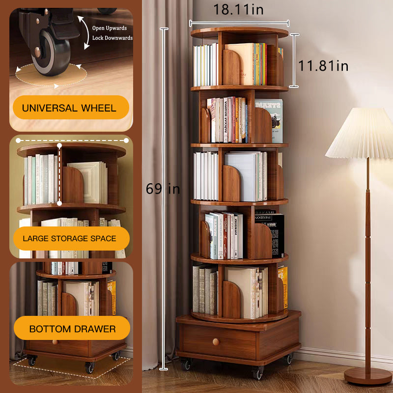 SESSLIFE 6 Tier Rotating Bookshelf, 360° Spinning Corner Bookcase for Small Space, Tall Narrow Wood Book Storage with Wheels, Space Saving Organizer for Living Room, Walnut