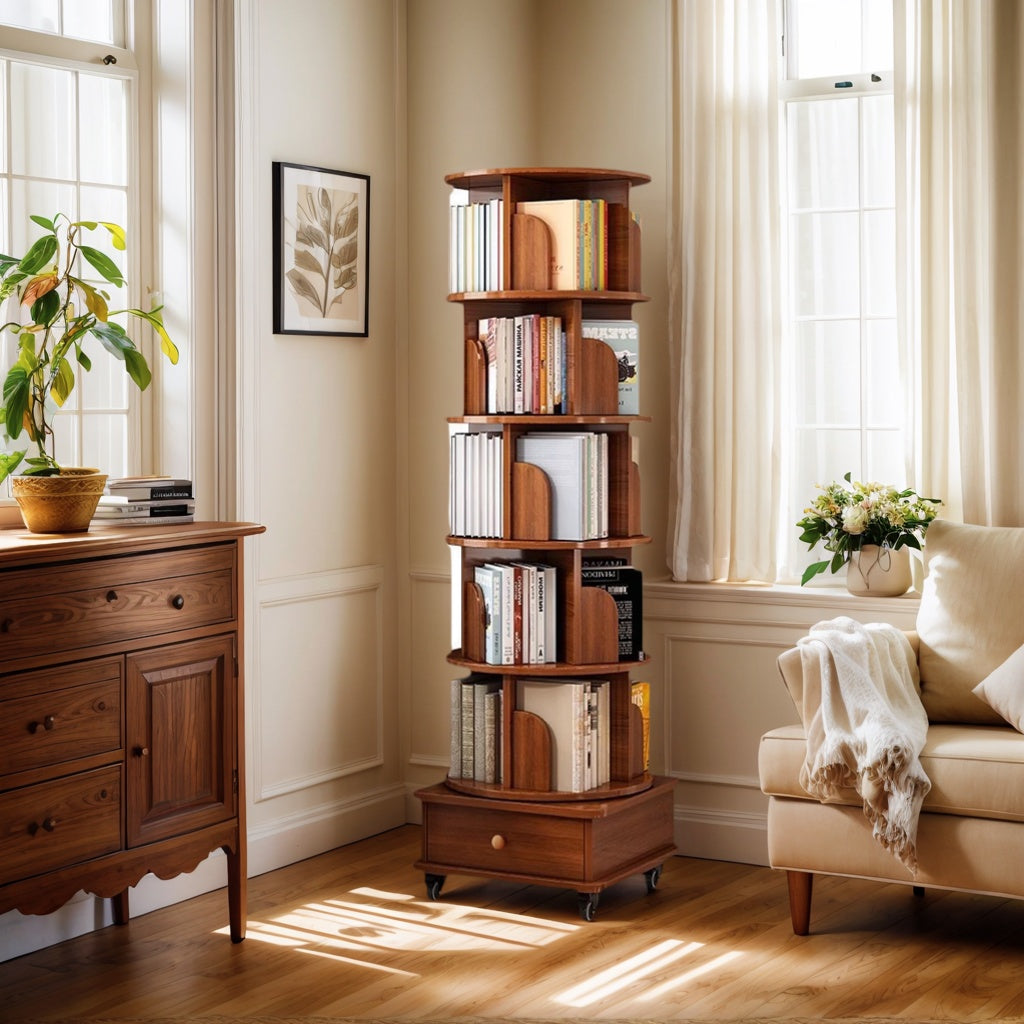 SESSLIFE 6 Tier Rotating Bookshelf, 360° Spinning Corner Bookcase for Small Space, Tall Narrow Wood Book Storage with Wheels, Space Saving Organizer for Living Room, Walnut