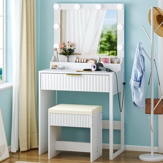 SESSLIFE Makeup Vanity Table Set with Mirror and Lights, 3-Color LED Lighting, Power Strip, Drawer & 3 Compartments, Modern Grille Design Compact Dressing Table for Bedroom, White