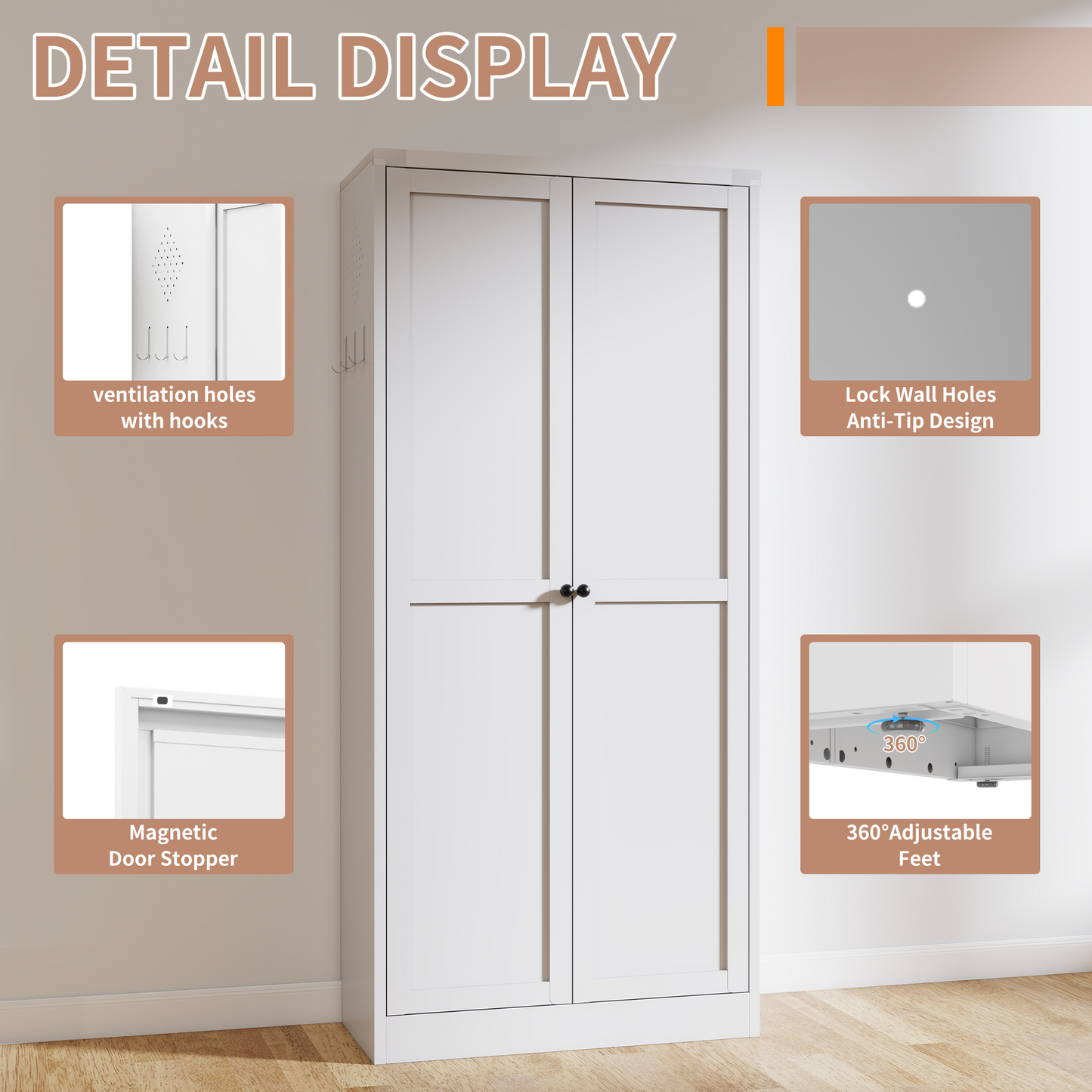 SESSLIFE 61" Modern Farmhouse Pantry Cabinet with Adjustable Shelves, Heavy-Duty White Metal Freestanding Organizer, Magnetic Closure and Anti-Tip for Kitchen/Pantry/Living Room