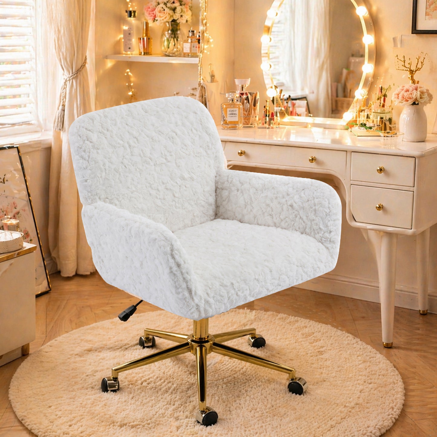 SESSLIFE Vanity Chair, Height Adjustable Velvet Computer Chair, Modern Makeup Chair, 360° Swivel Office Chair, Mid Back Chair, Living Room Chairs, Purple