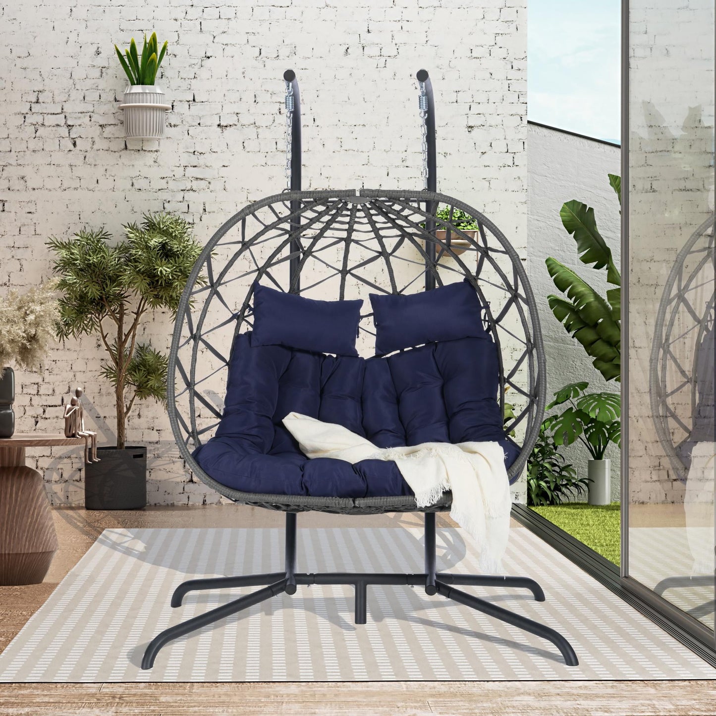 Double Egg Swing Chair with Stand, 2 Persons Hanging Egg Chair, 600LBS Capacity Indoor Outdoor Wicker Basket Oversized Hammock Chair for Backyard Balcony Bedroom, Gray Wicker+Navy Cushion